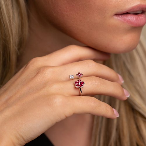 18ct White Gold Pear Ruby and Brilliant Diamond Flower Ring