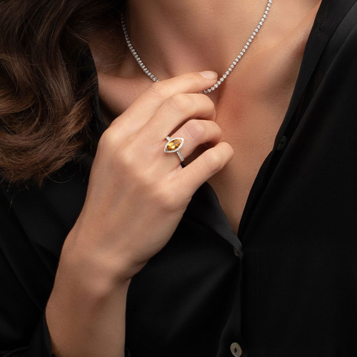 18ct White Gold Diamond and Citrine Halo Ring