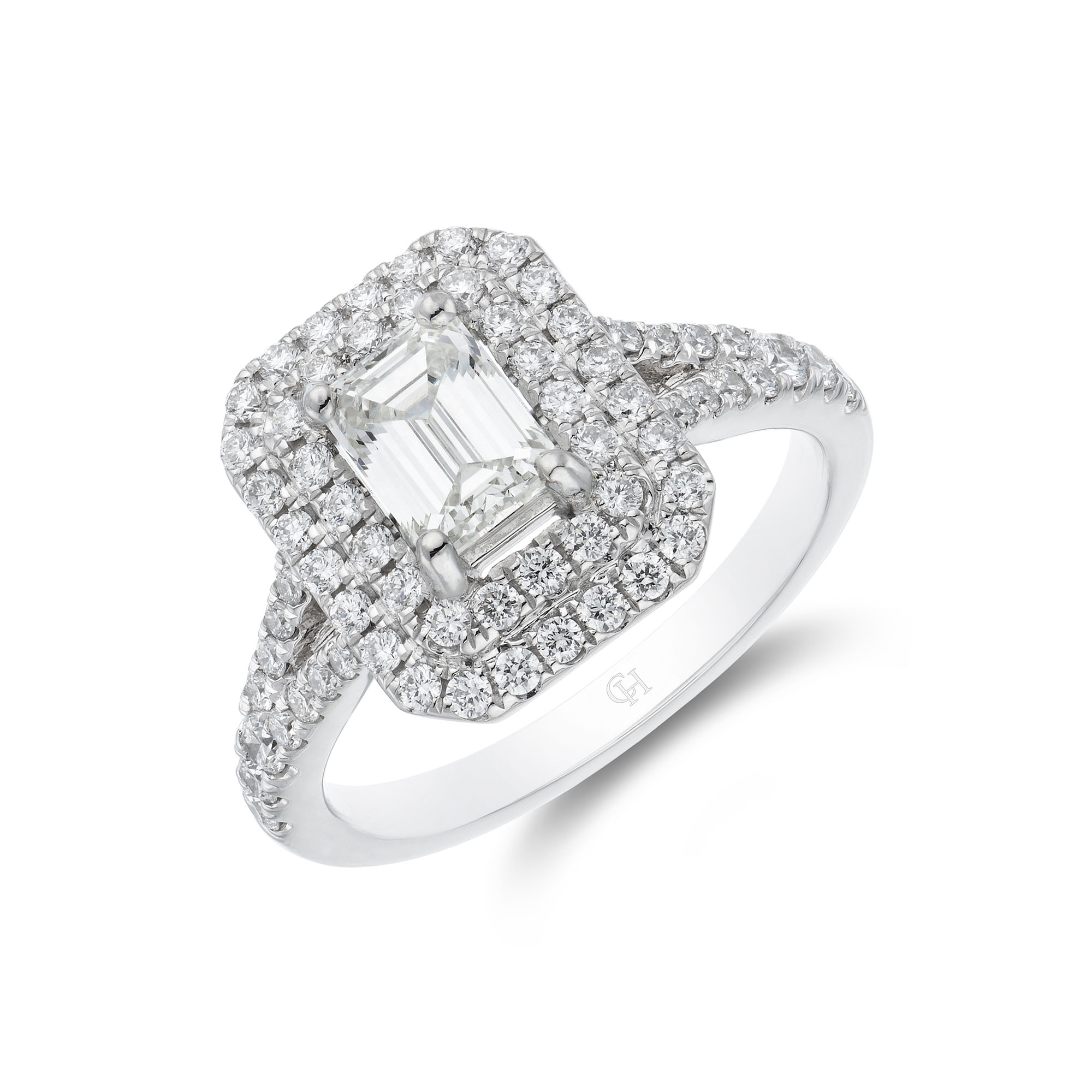 Platinum Emerald Cut 0.75ct Diamond Halo Solitaire Ring