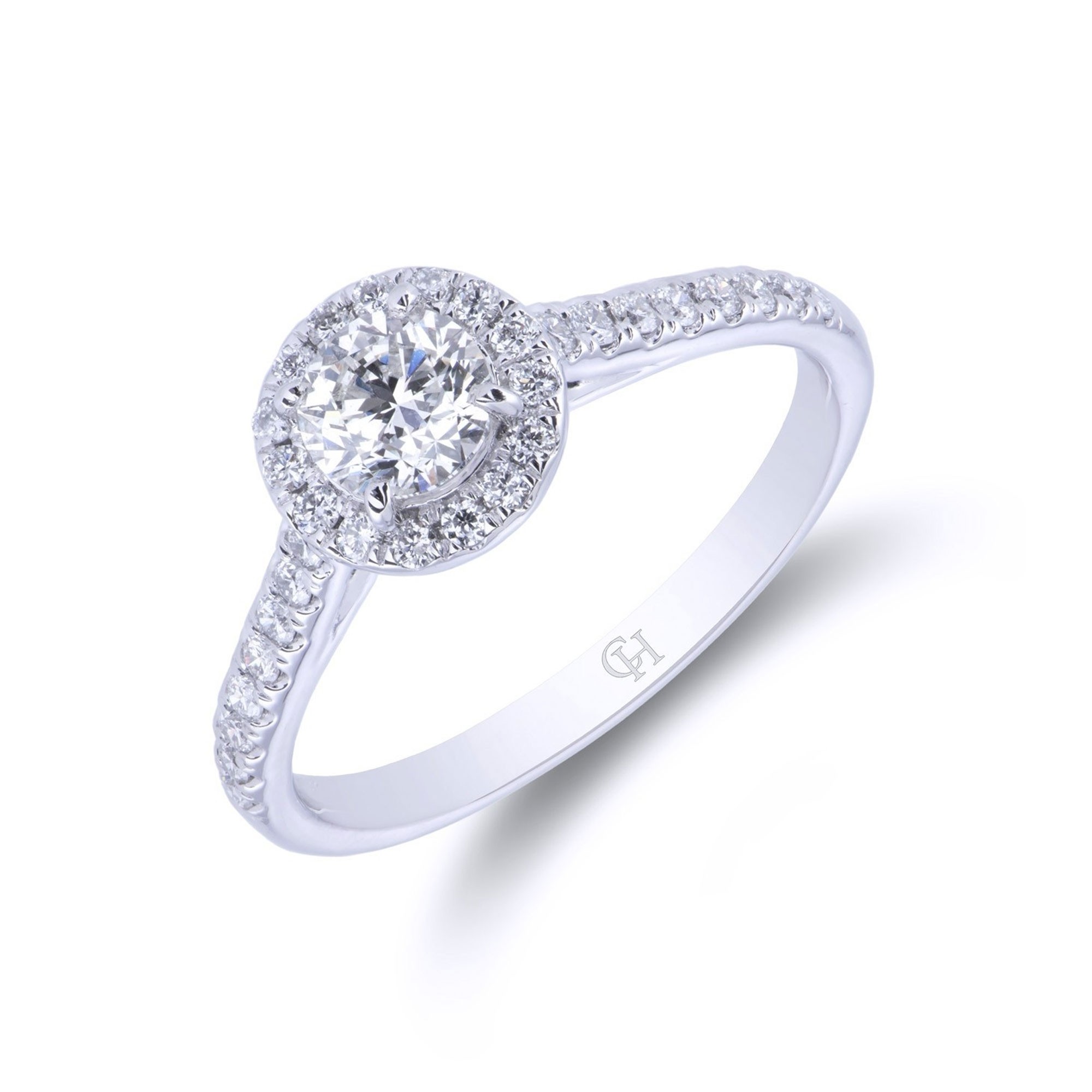 Platinum Round Brilliant 0.50ct Diamond Solitaire Ring with Halo and Shoulders