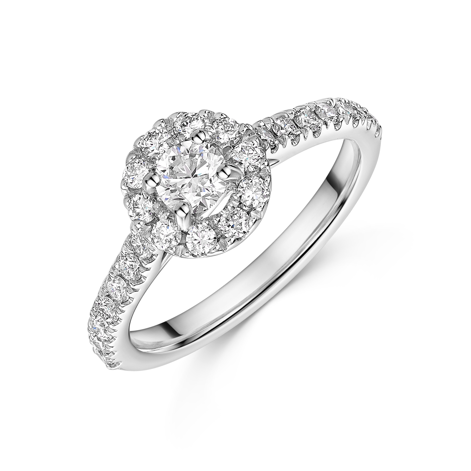 Platinum Round Brilliant 0.33ct Diamond Solitare Ring with Diamond Halo and Shoulders