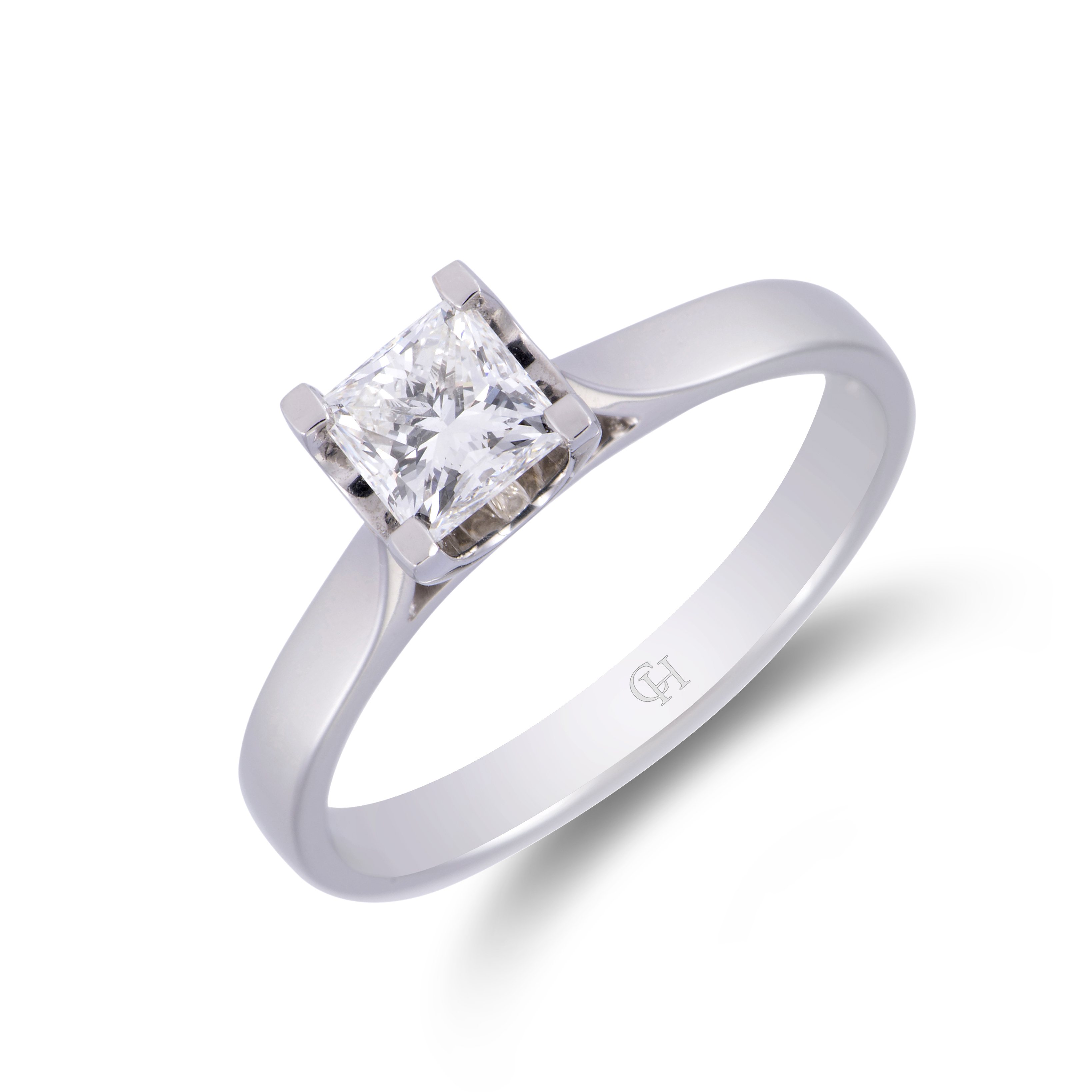 Platinum approx 0.70ct certificated princess cut diamond 4 claw solitaire. Colour F Clarity VVS1