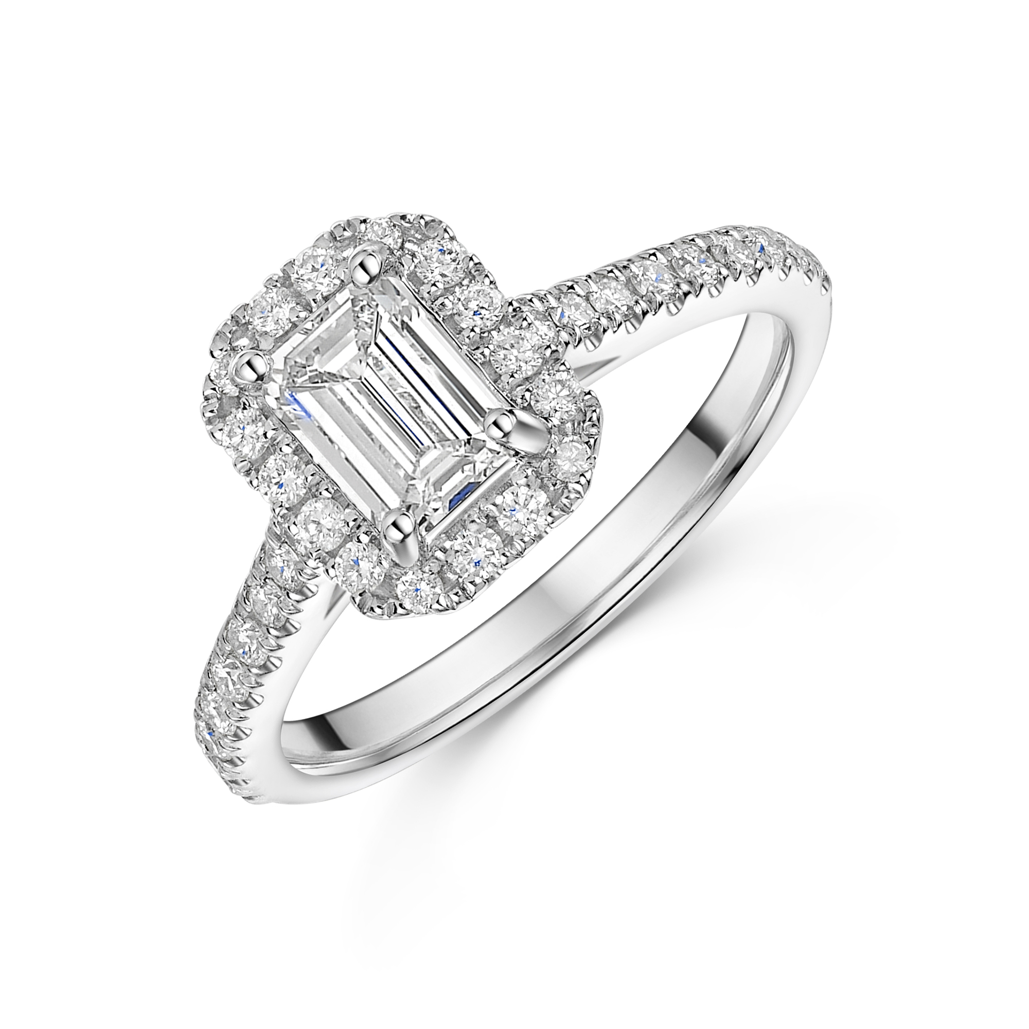 Platinum 0.75ct Emerald Cut Diamond Halo Ring with Shoulders