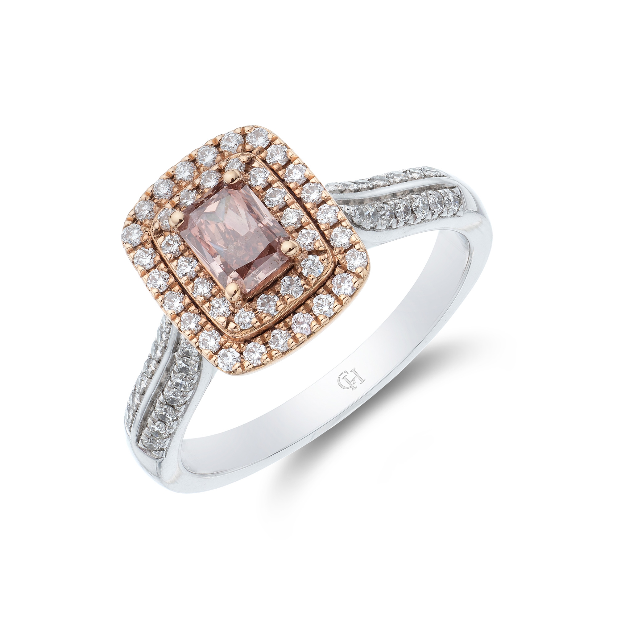 Platinum and 18ct Rose Gold Radiant Cut 0.95ct Diamond Double Halo Ring (Size: N)