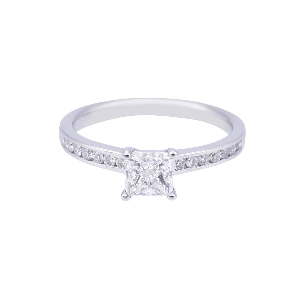 Certificated Platinum Princess Cut Diamond Engagement Ring With Diamond Shoulders Total Weight Approx. 1.28ct