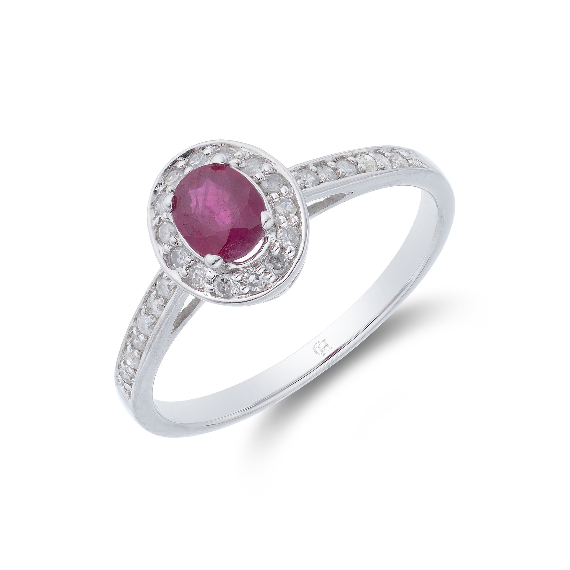 9ct White Gold Oval Cut Ruby 0.13ct Diamond Halo Ring (Size: P)