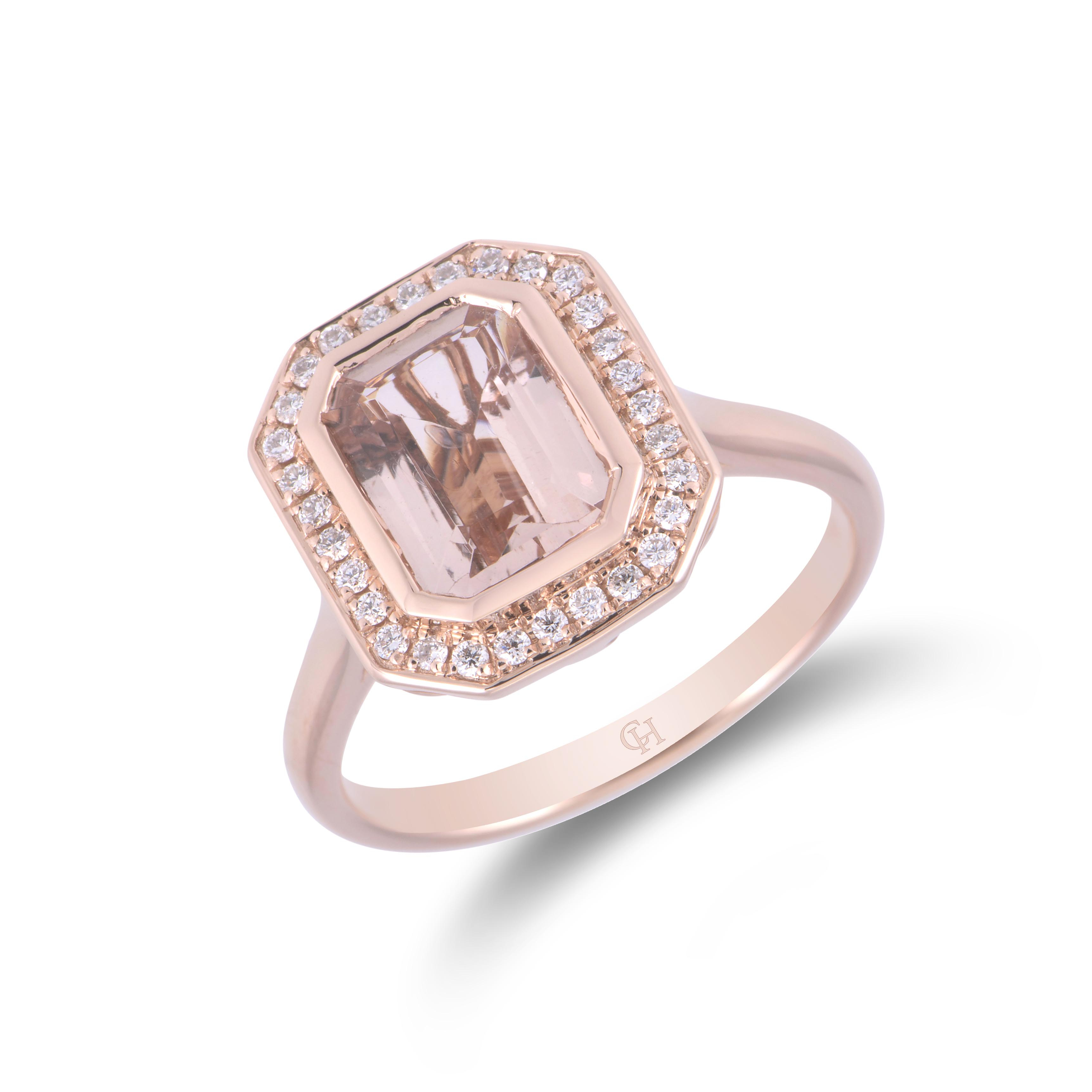 18ct Rose Gold Emerald Cut Morganite and 0.20ct Diamond Cluster Ring