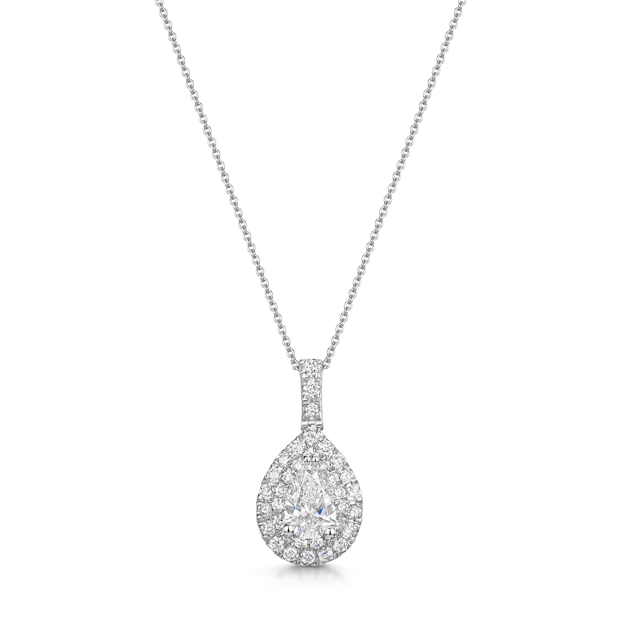 18 White Gold 0.53ct Double Halo Pear Diamond Pendant