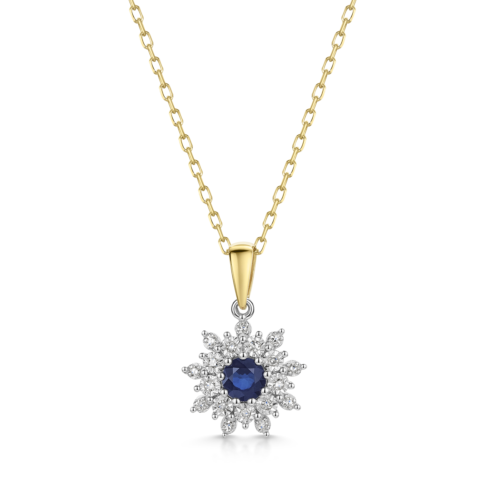 9ct Yellow Gold 0.40ct Round Brilliant Sapphire with Diamond Cluster Halo Pendant