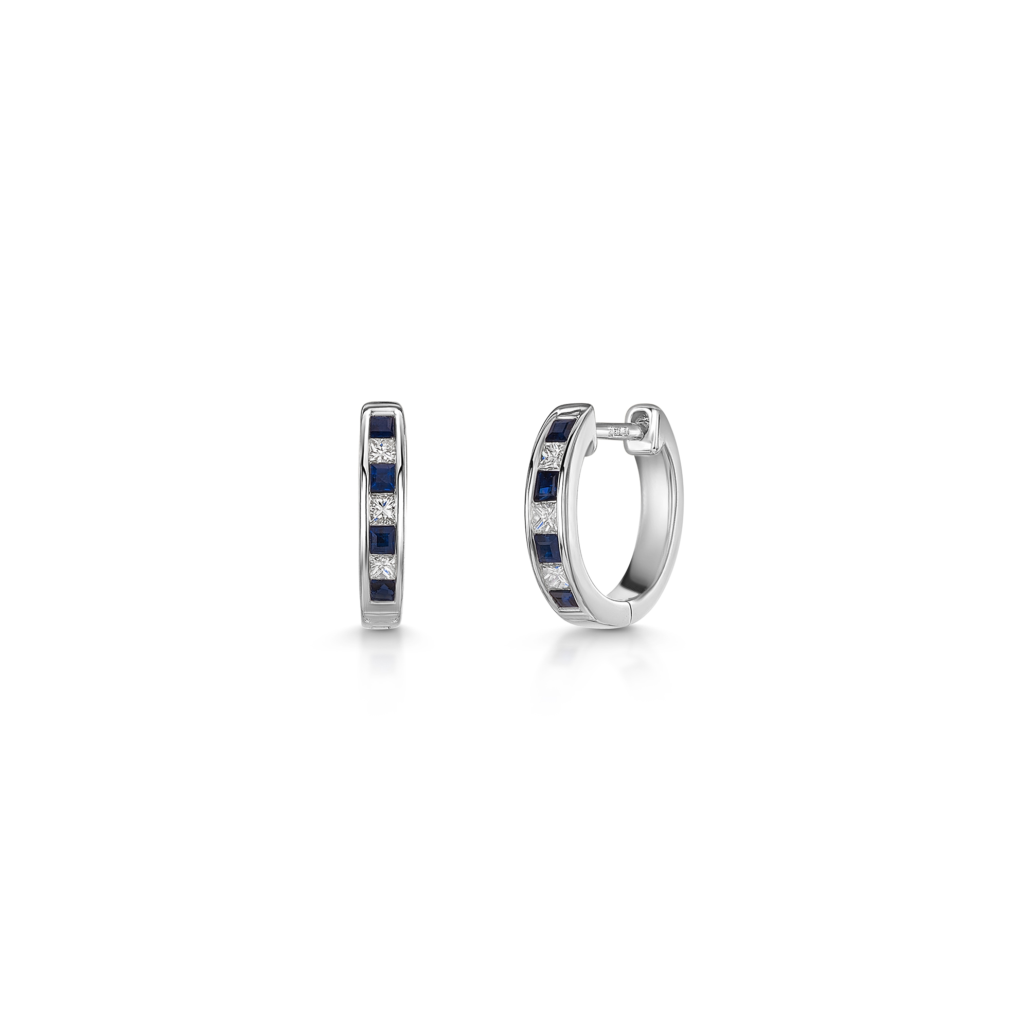 9ct White Gold Princess Cut 0.25ct Sapphire and 0.15ct Diamond Hoop Earrings