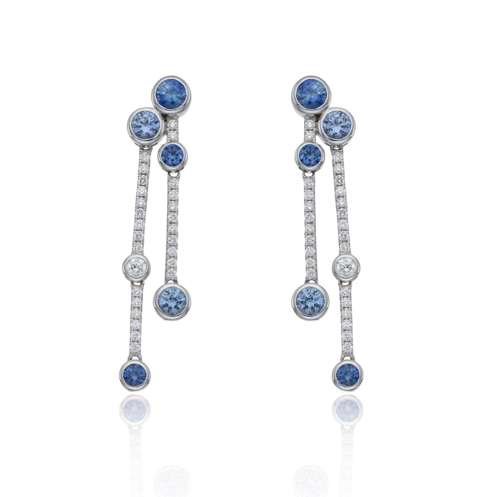 18ct White Gold Brilliant Diamond 0.51ct and Sapphire 1.48ct Rub Over Drop Earrings