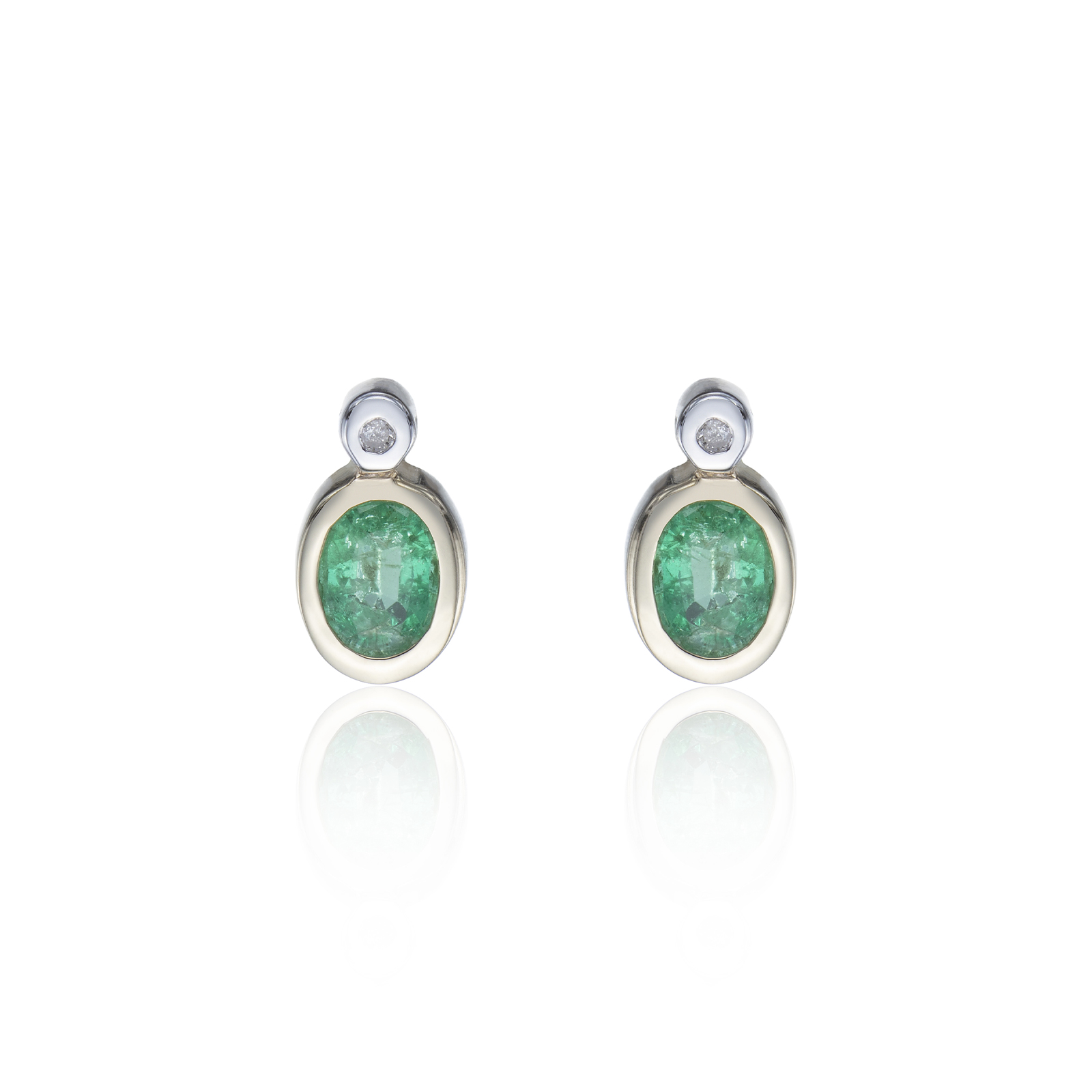 9ct Yellow Gold Diamond and 0.06ct Emerald Bezel Set Earrings