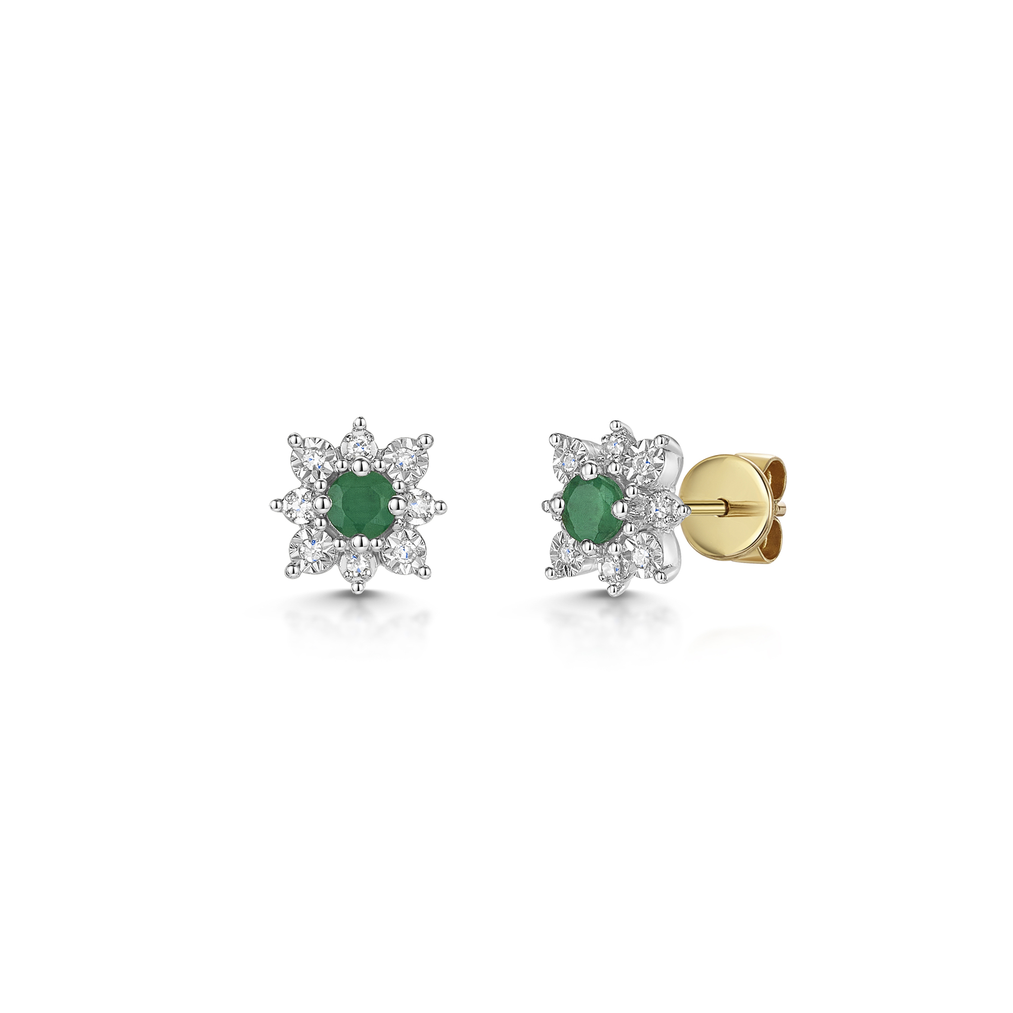 9ct Yellow Gold 0.23ct Round Brilliant Emerald with Diamond Cluster Halo Earrings
