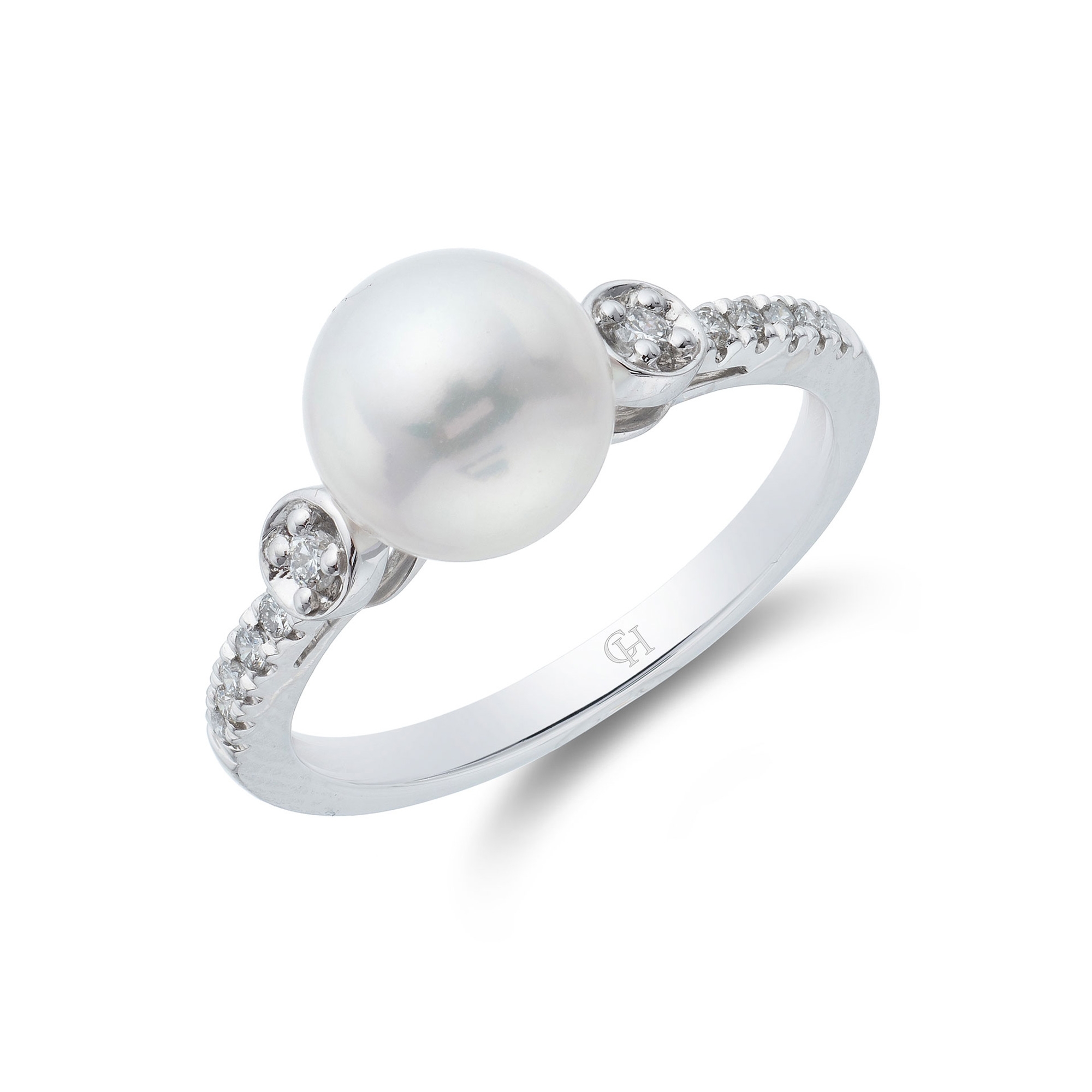 9ct White Gold Pearl and Brilliant Cut Diamond 0.10ct Dress Ring (Size: N)