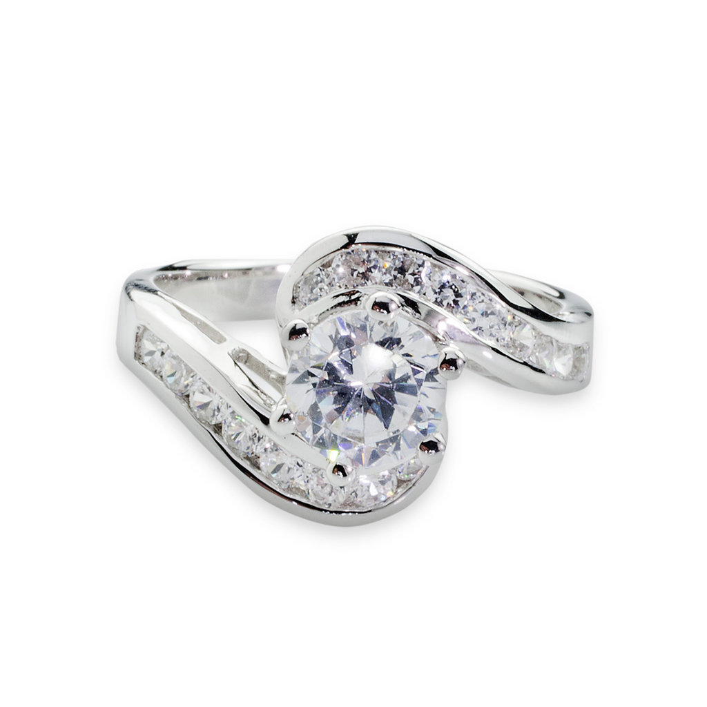 Silver Round Brilliant Cubic Zirconia Solitaire and Cubic Zirconia Shoulders Ring