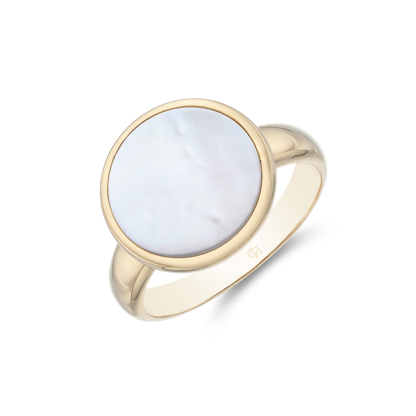 Yellow Gold Plated Mother Of Pearl Disc Ring (Size: P)