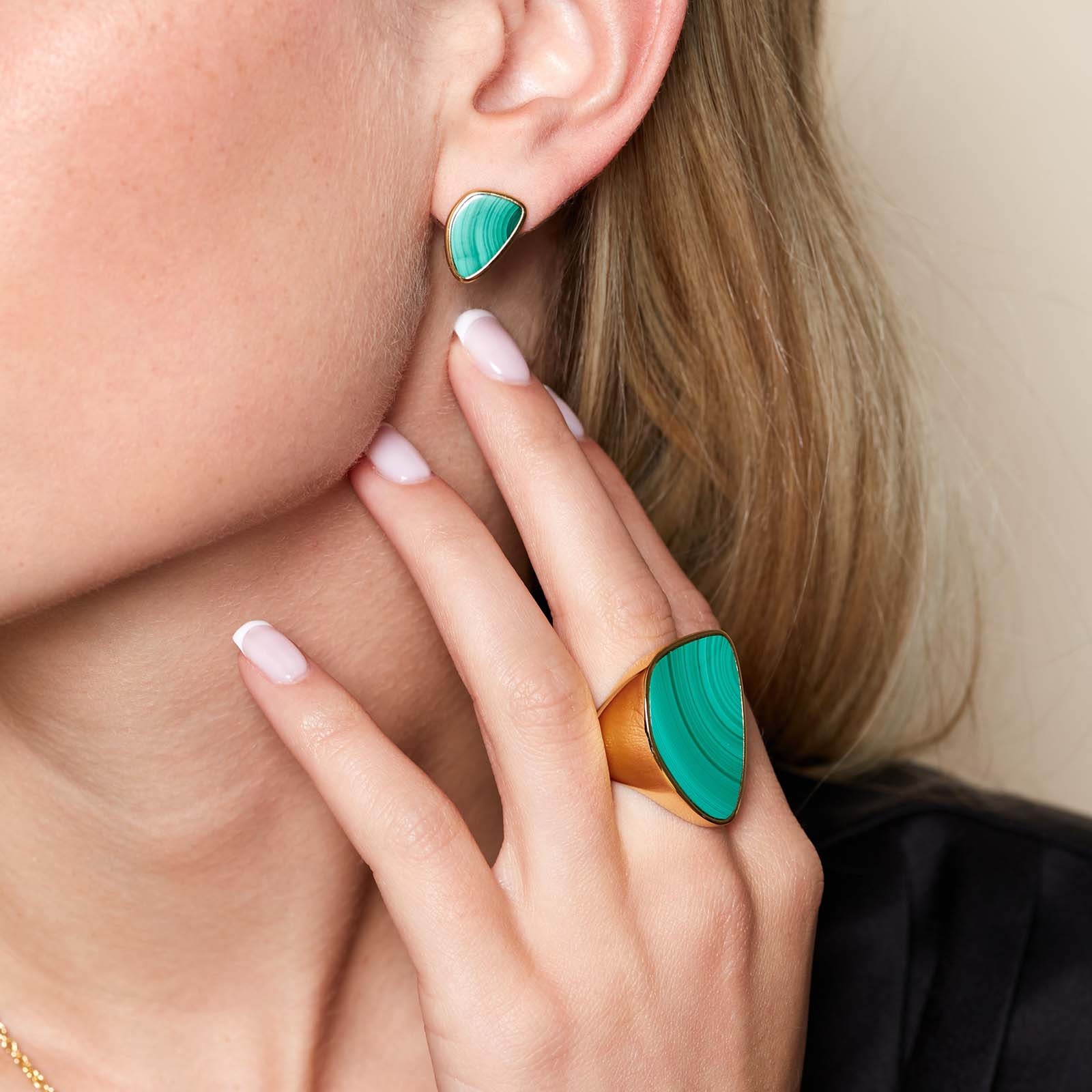 Yellow Gold Plated Malachite Abstract Ring (Size: L)