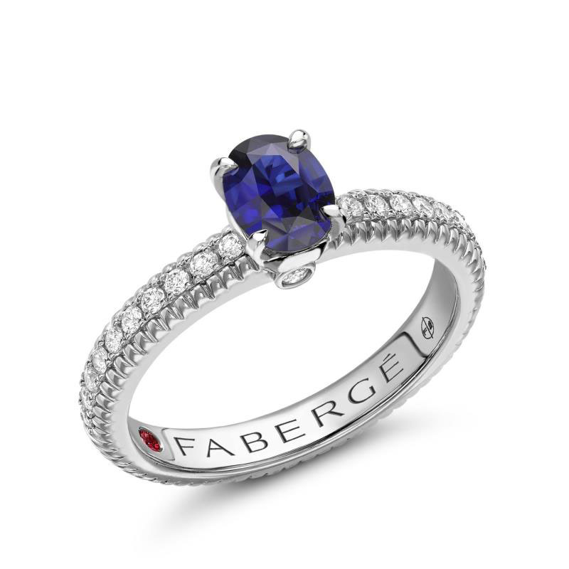 Colours of Love White Gold Blue Sapphire Fluted Ring with Diamond Shoulders (Size: M)