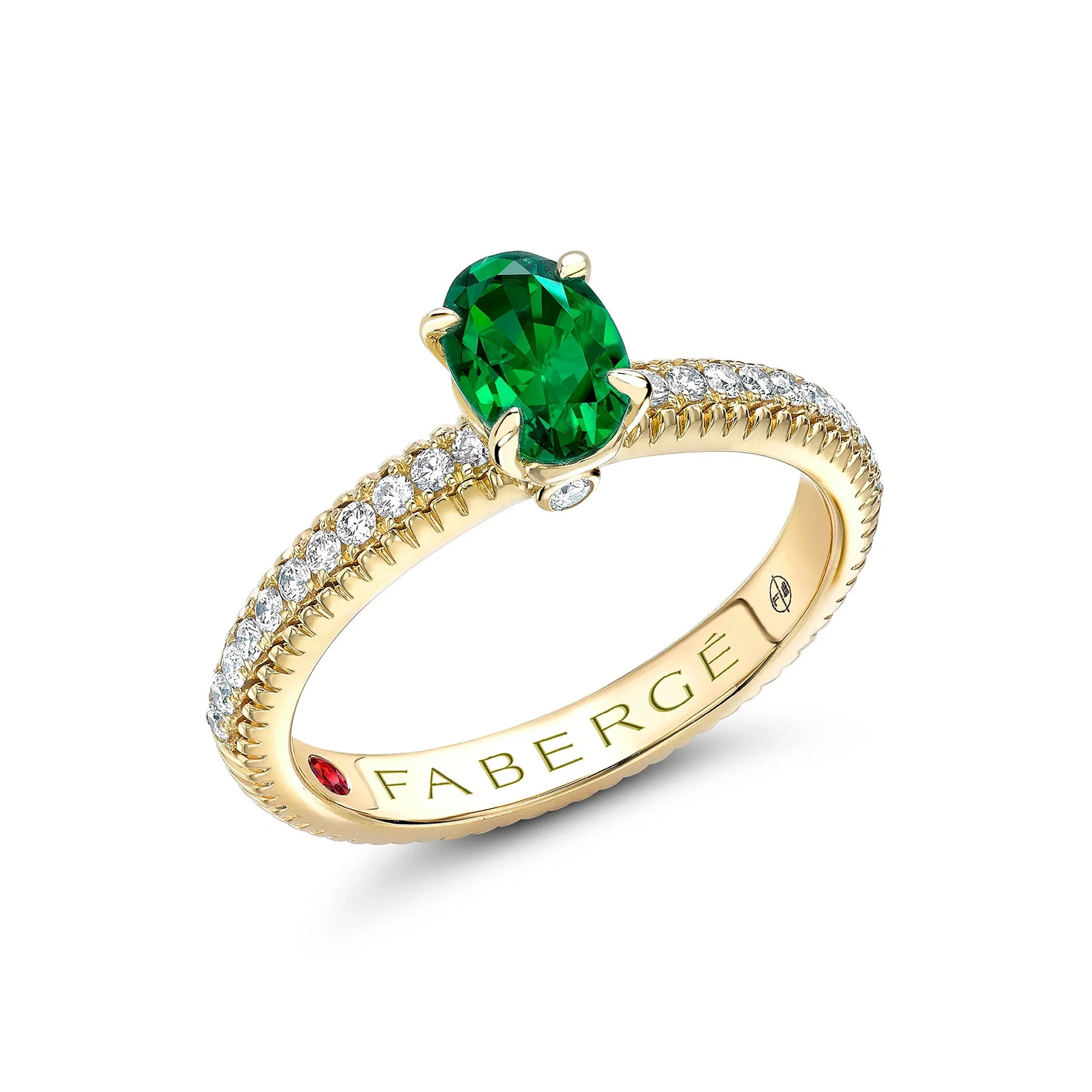 Fabergé Colours of Love 18ct Yellow Gold Oval Emerald & Diamond Shoulders Fluted Ring 831RG2490/60 - Size M 1/2