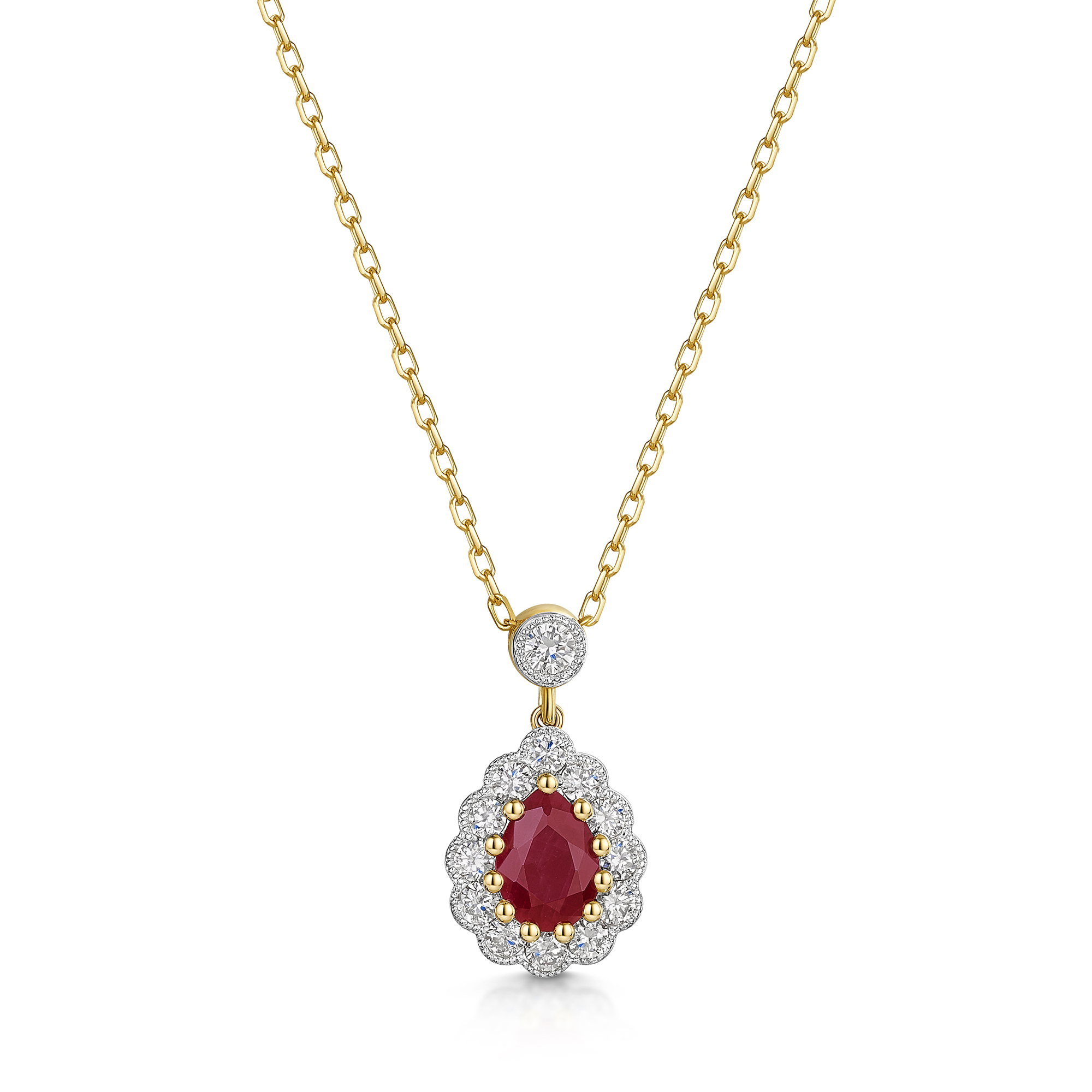 9ct Yellow Gold 0.80ct Ruby with Lab Grown Diamond Halo Drop Pendant