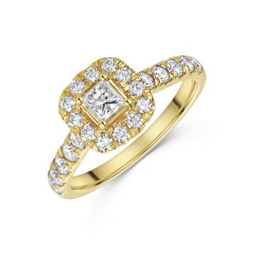 18ct Yellow Gold Princess Cut Diamond Halo Solitaire Ring