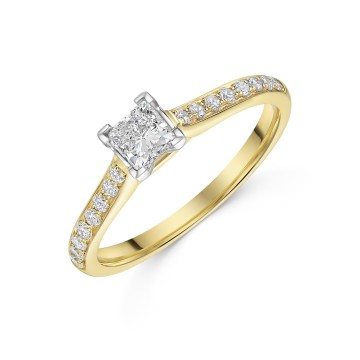 18ct Yellow Gold Princess Cut 0.40ct Diamond Solitaire Ring with Diamond Set Shoulders