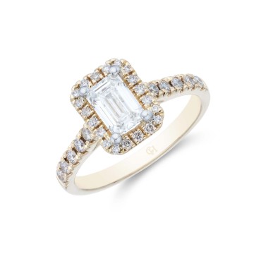 18ct Yellow Gold Emerald Cut 1.05ct Diamond Halo Solitaire Ring