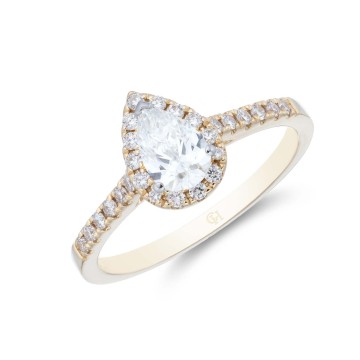 18ct Yellow Gold Pear Cut 0.75ct Diamond Halo Solitaire Ring