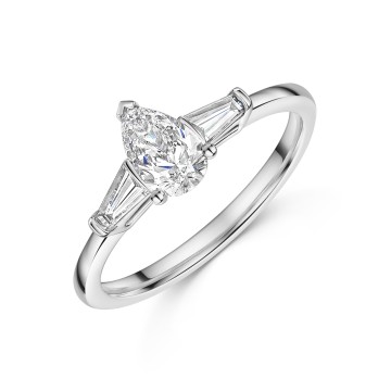 Platinum 0.50ct Pear Diamond Solitaire Ring with Baguette Cut Shoulders