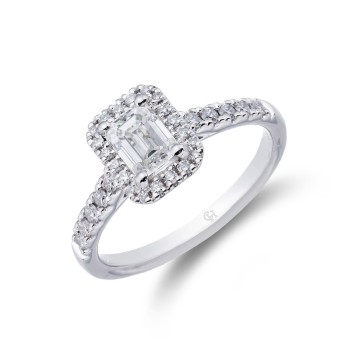 Platinum 0.75ct Emerald Cut Diamond Solitaire Ring with Halo and Shoulders
