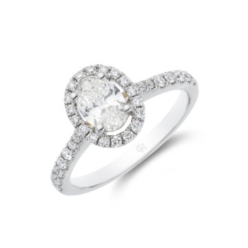 Platinum 0.75ct Oval Halo Diamond Solitaire with Pave Set Shoulders