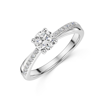 Platinum Round Brilliant Cross Over 0.75ct Diamond Solitaire Ring with Diamond Set Shoulders