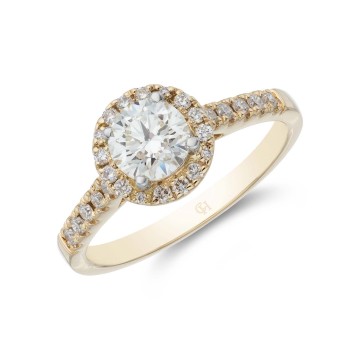 18ct Yellow Gold Brilliant Cut 0.75ct Diamond Halo Solitaire Ring