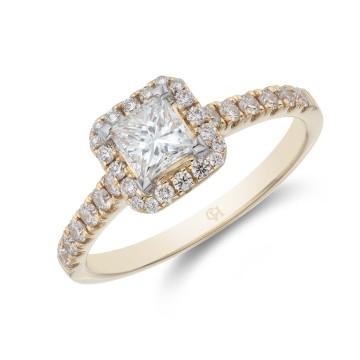 18ct Yellow Gold Princess Cut 0.50ct Diamond Halo Solitaire Ring