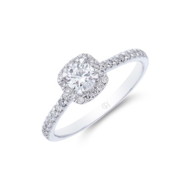 9ct White Gold 0.50ct Cushion Cut Diamond Halo Solitaire Ring