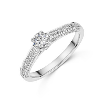 Platinum Round Brilliant 0.33ct Diamond Solitaire Ring with Pave Set Shoulders
