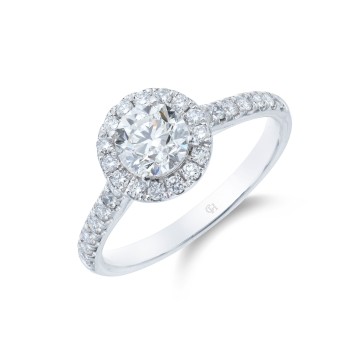 Platinum Round Brilliant 0.75ct Diamond Solitaire Ring with Halo and Shoulders
