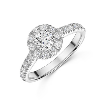 Platinum Round Brilliant 0.50ct Diamond Halo Ring with Claw Set Shoulders