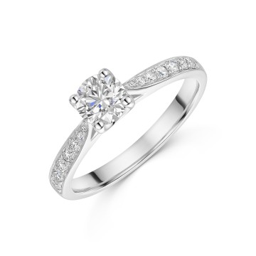 Platinum U-shape Round Brilliant 0.70ct Diamond Solitaire Ring with Pave Set Shoulders