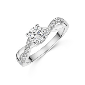 Platinum 0.75ct Round Brilliant Solitaire Ring with Twist Split Shoulders and Hidden Halo