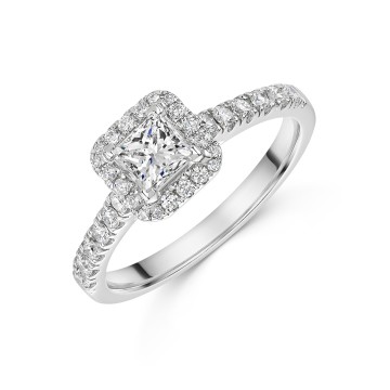 Platinum Princess Cut 0.50ct Diamond Halo Ring with Diamond Shoulders