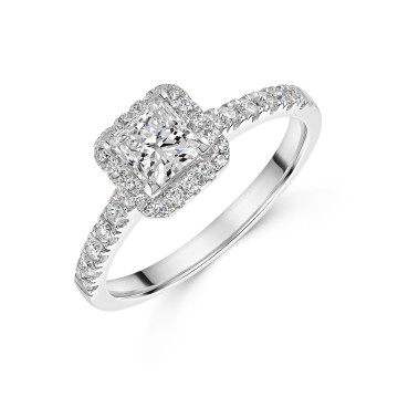 Platinum Princess Cut 0.75ct Diamond Halo Ring with Diamond Shoulders