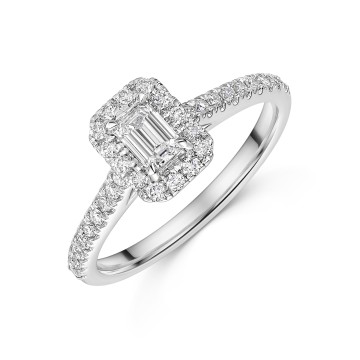 Platinum 0.33ct Emerald Cut Diamond Solitaire Ring with Diamond Halo and Shoulders