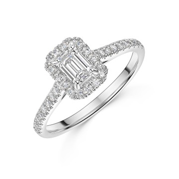 Platinum Emerald Cut 0.50ct Diamond Halo Ring with Diamond Shoulders