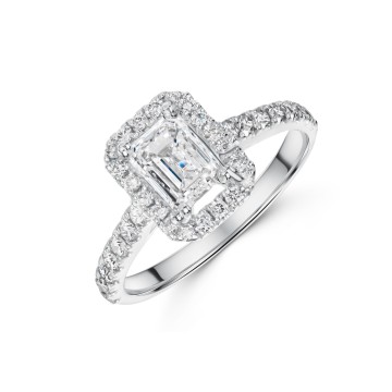 Platinum Emerald and Brilliant Cut 1.50ct Diamond Halo Ring