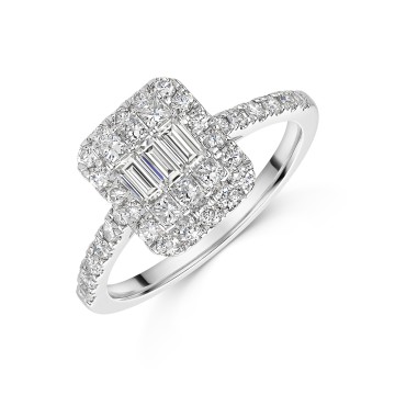 18ct White Gold Baguette & Round Brilliant Cut 0.80ct Diamond Cluster Ring