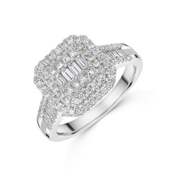 18ct White Gold Baguette & Round Brilliant Cut 1.00ct Diamond Cluster Ring
