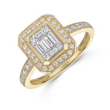 9ct Yellow Gold Round Brilliant And Baguette Cut 0.60ct Diamond Cluster Ring