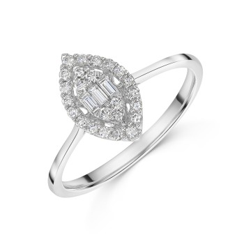 9ct White Gold Baguette & Round Brilliant Cut 0.25ct Diamond Marquise Cluster Ring