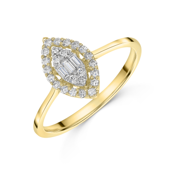 9ct Yellow Gold Baguette & Round Brilliant Cut 0.25ct Diamond Marquise Cluster Ring